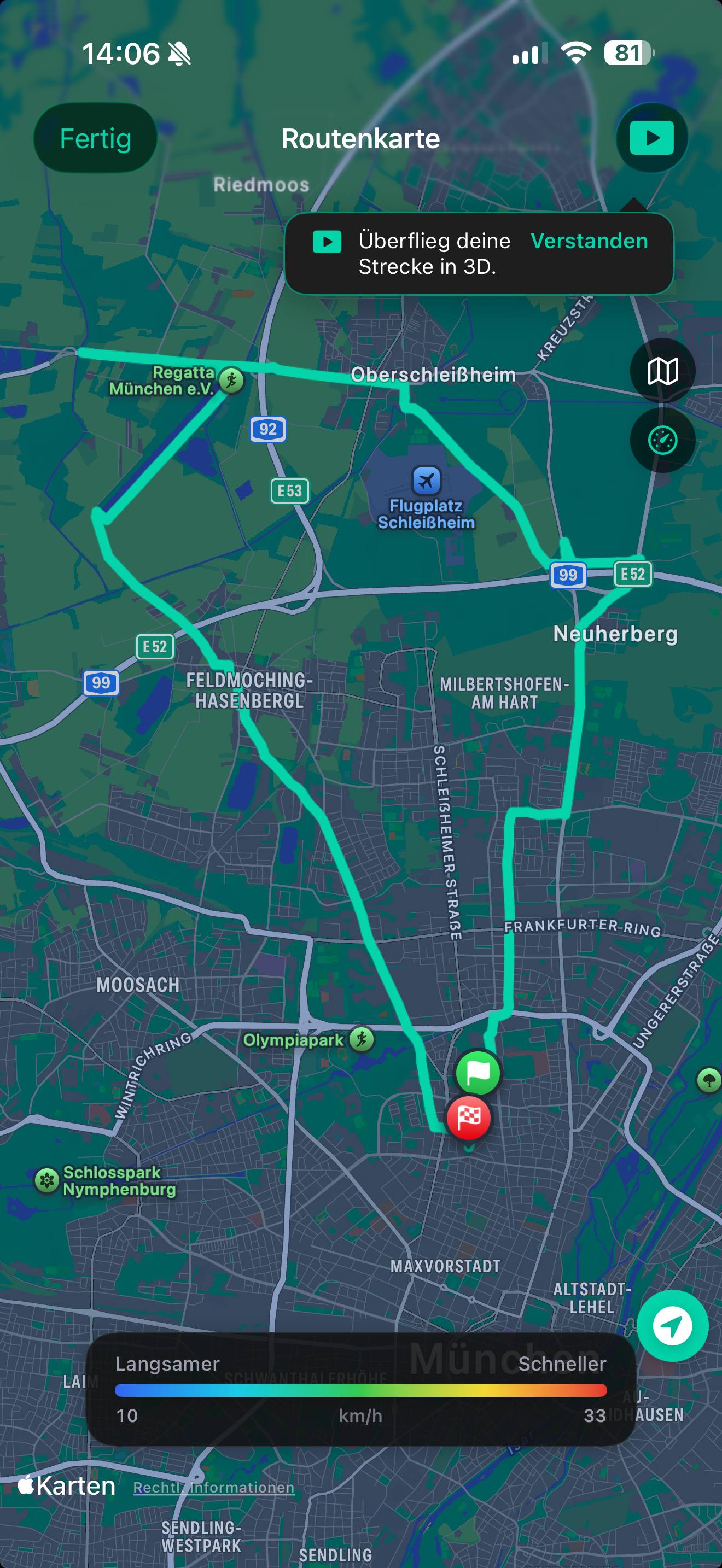 Routenkarte einer Fahrt in Ride Streak, nach Geschwindigkeit eingefärbt mit Legende von langsam bis schnell