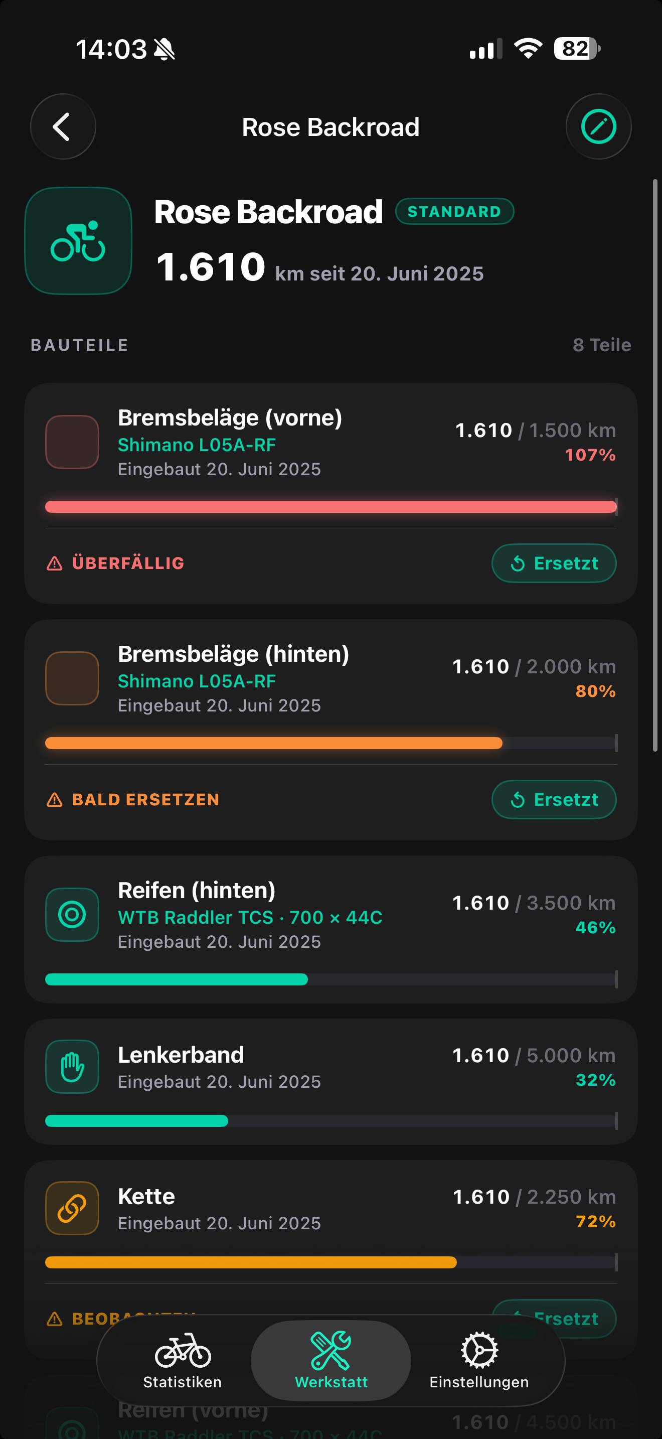 Werkstatt-Ansicht in Ride Streak mit Verschleißanzeige für Bremsbeläge, Reifen, Lenkerband und Kette